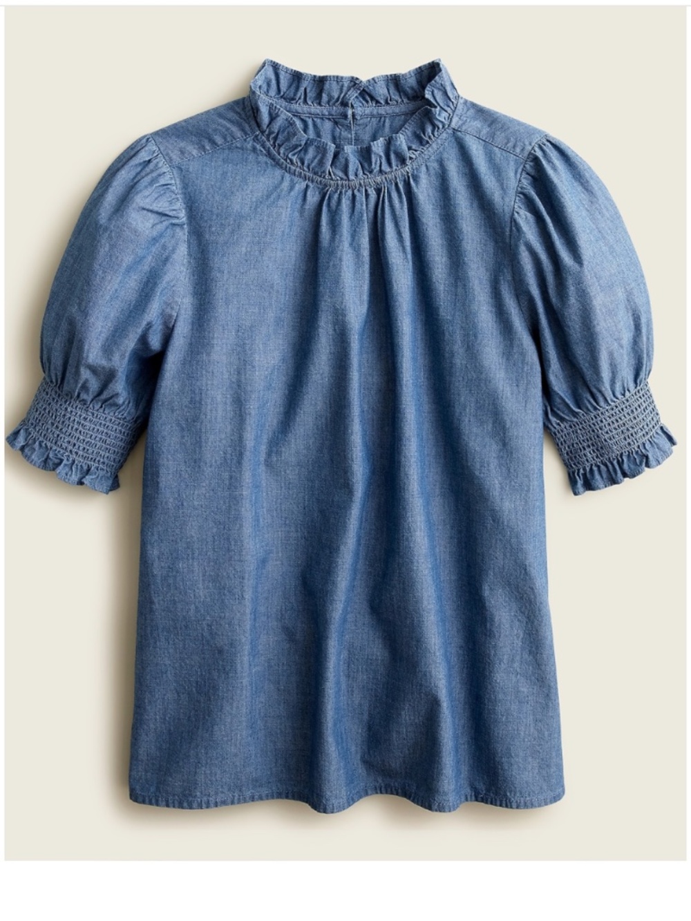 J.Crew Women's Smocked puff-sleeve top in chambray blue denim Ruffles Size Large